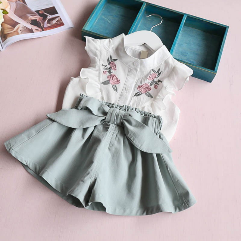 Kids Baby Girls Korean Fashion Summer Suit Sleeveless Blouse+Shorts Clothes Sets