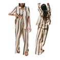 thumbnail image 3 of Yunliwuli Women Summer Pajamas Set Stripe Print Button up Shirt and Elastic Wide Leg Pants for 2 Piece Loungewear Soft Sleepwear, 3 of 10