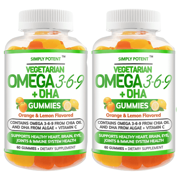 Simply Potent Omega 3 Gummies for Men Women & Kids Vegetarian Omega 3 6 9 DHA, 60 Gummies (2 Pack)