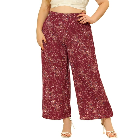 Agnes Orinda Women's Plus Size High Waist Wide Leg Floral Spring Summer Palazzo Pants 1X Red