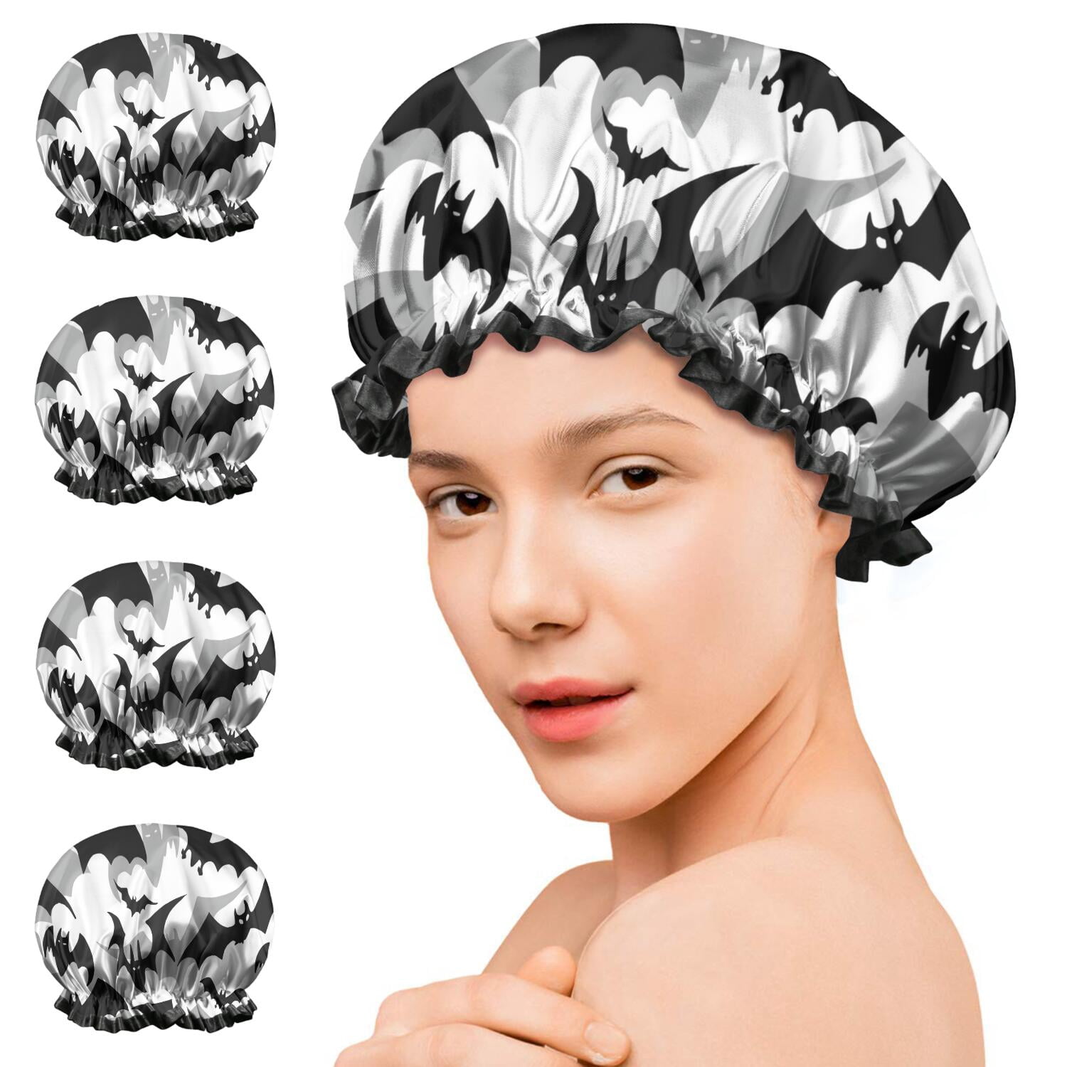 Shower Caps,Black and Gray Halloween Bats Waterproof Shower Cap for Women 4 Pieces,Double Reusable Hair Cover for Shower PEVA Elastic Stretch Hem