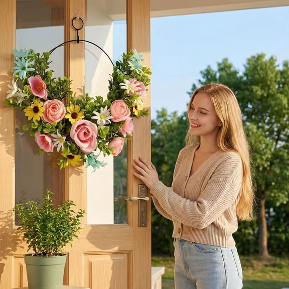 Artificial Spring Summer Floral Wreath - Metal Hoop Wreath with Pink Roses, Sunflowers, Greenery and Blue Accents, Front Door Wall Decor for Home, Wedding, and Party