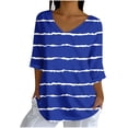 thumbnail image 2 of Crunowin V-neck Tops, 3/4 Sleeve Blouse Top Loose Striped T-shirts Blue M, 2 of 6