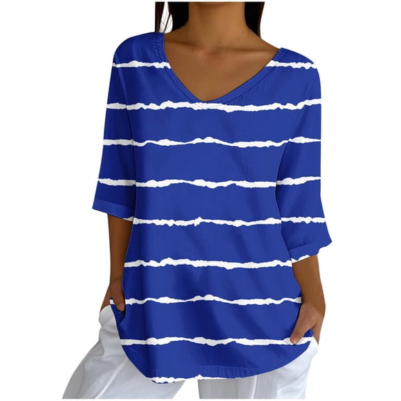 Womens Summer Tops Fashion Women's Casual Print Loose Blouse 3/4 Sleeve V-Neck Blouses Shirts Blue B L