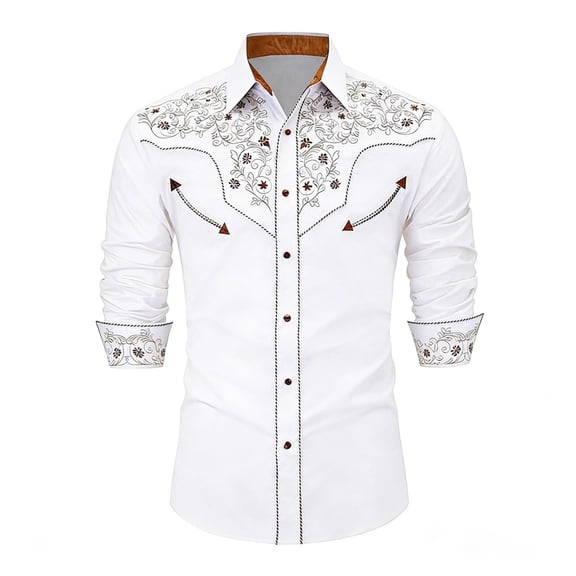 IWRICH Men's Western Cowboy Shirt Printed Long Sleeve Casual Button down Shirt White XL