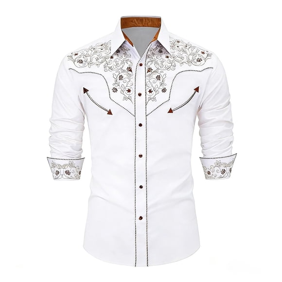Men's Western Style Button Down Shirt for Everyday Casual Wear with Long Sleeve Embroidered Detailing and Versatile Pockets