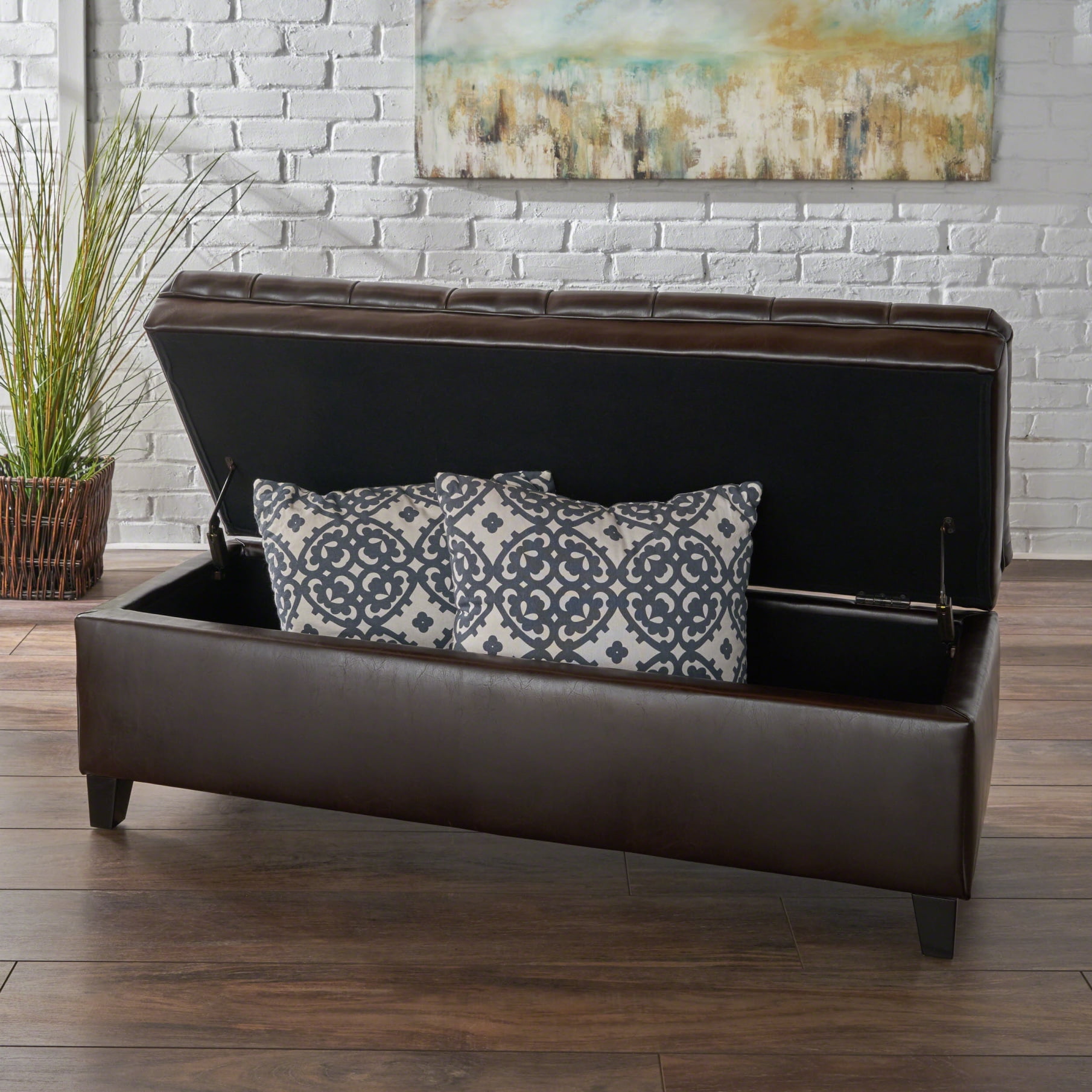 50" Storage Ottoman, Storage Ottoman Bench with Wooden Legs and Safety Hinge, Tufted Entryway Bedroom Bench, Holds up to 330 lb, for Living Room, Bedroom, Brown