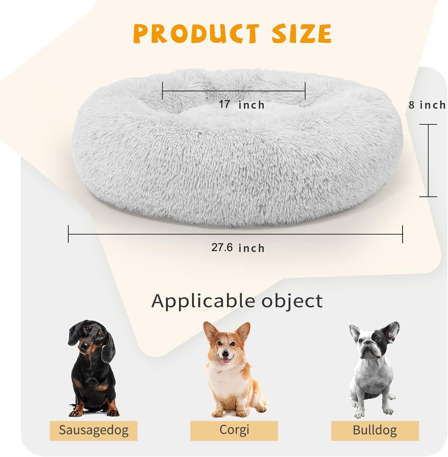 RUseeN Calming Donut Dog Bed, 27.6 inches Round Fluffy Dog Beds for Medium Dogs, Anti-Anxiety Plush Dog Bed, Machine Washable Pet Bed (Light Grey, Medium)