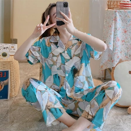 

PIKADINGNIS New Sale Women Home Wear Spring Summer Short Sleeved Women Pajamas Set Long Pant Pyjamas Sets Cotton Leisure Sleepwear Set