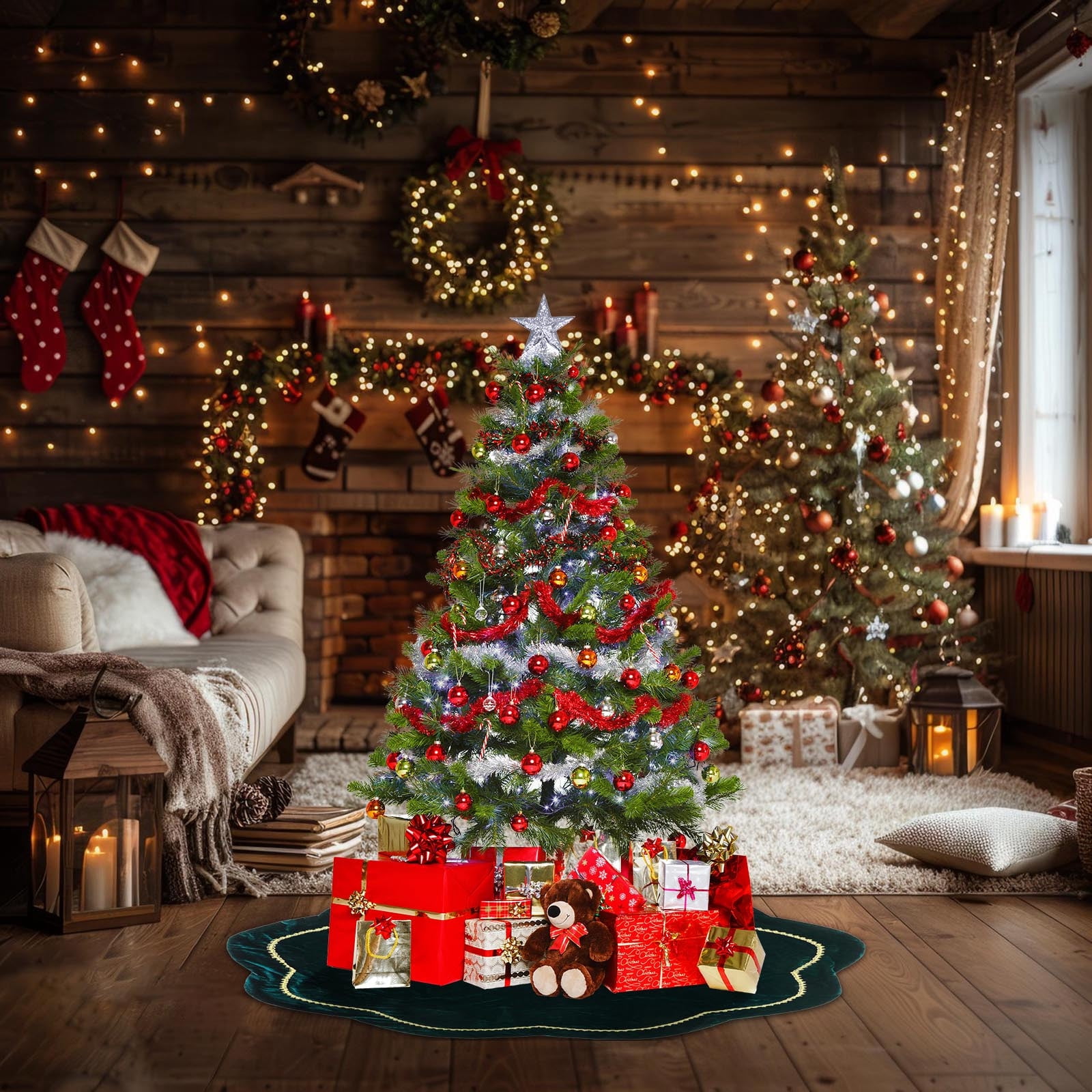 Christmas Decorations, Velvet Christmas Tree Skirt Holiday Tree Base Cover with Bow Tie Design Green Decorative Tree Skirt for Christmas Tree Ornament Display