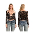 thumbnail image 2 of Michellecmm Women Floral Lace Tops Low Cut Sheer Long Sleeve Pullovers Fitted Crop Shirt with Bra Summer Streetwear Clubwear, 2 of 9