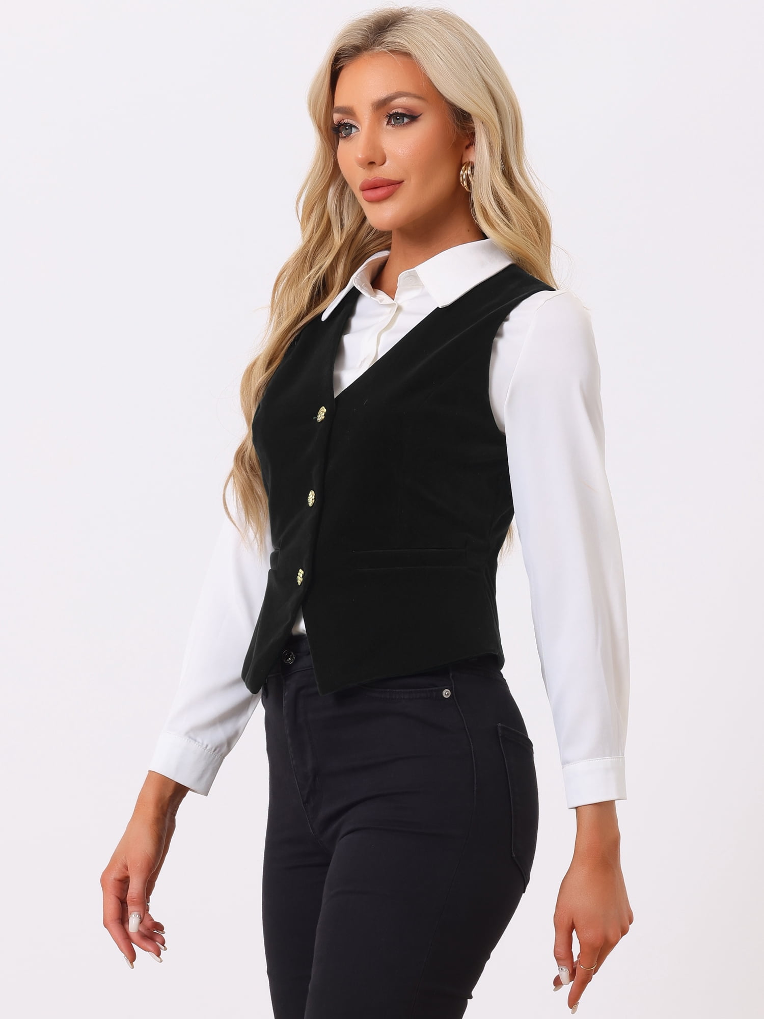 DARING DIVA Women's Vintage Velvet Vest Button Down Steampunk Waistcoat S Black