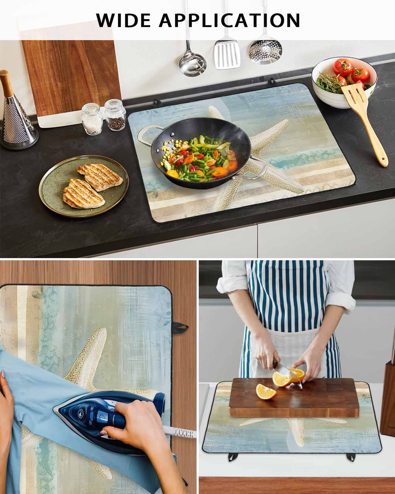 nqOlkjepod Large Induction Cooktop Protector Mat 24"x21", Coastal Beach Starfish Stove Top Covers for Electric Stove, Vintage Summer Ocean Stripe Stove Burner Cover Mats, Glass Top Stove Cover