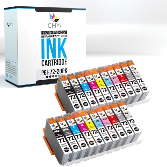 CMYi Color Ink Cartridges for Printer Compatible with Canon Pixma PRO-10, PGI-72, Multicolor, 20-Pack