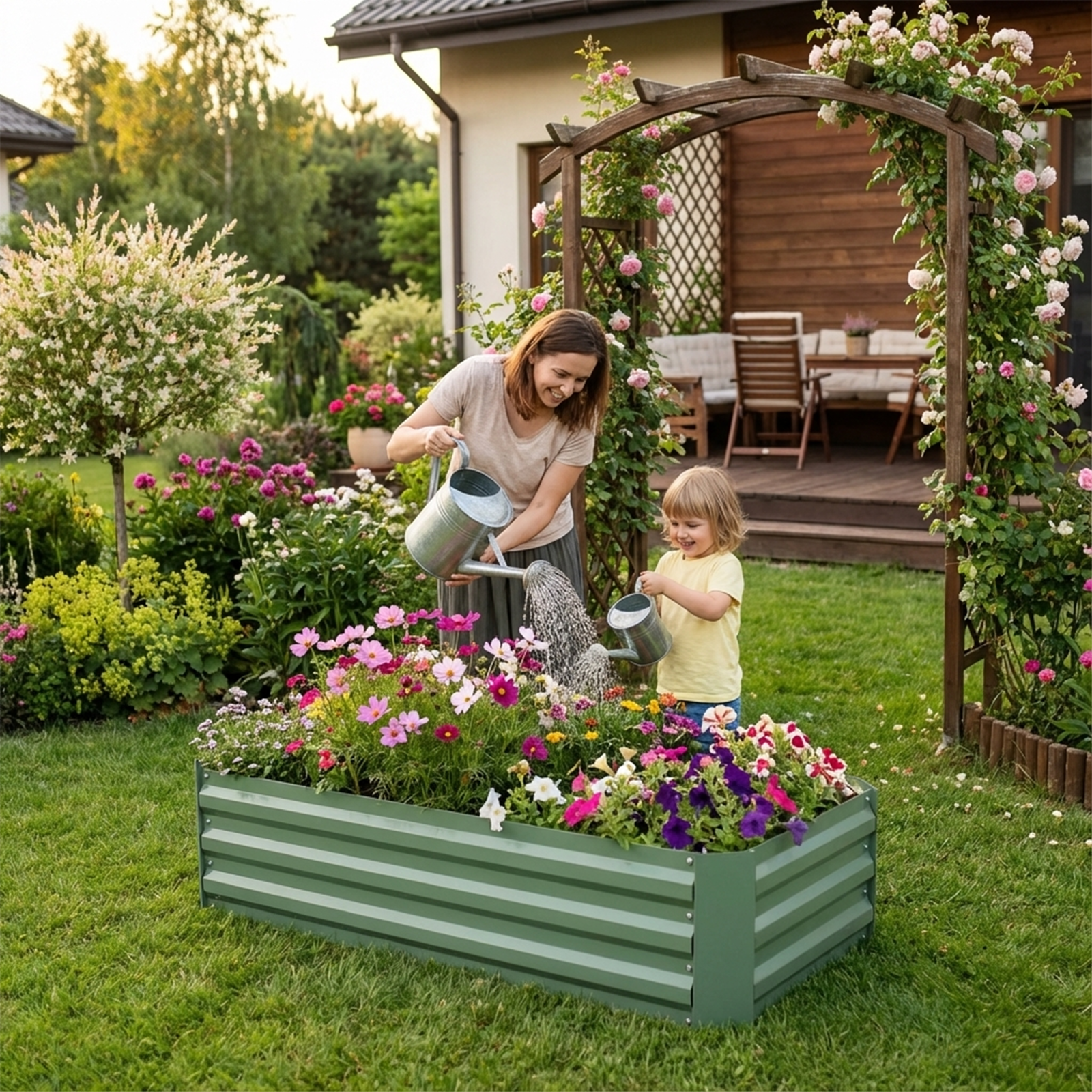 BPS 4x2x1 ft Galvanized Metal Raised Garden Bed Green Planter Box for Vegetables Flowers