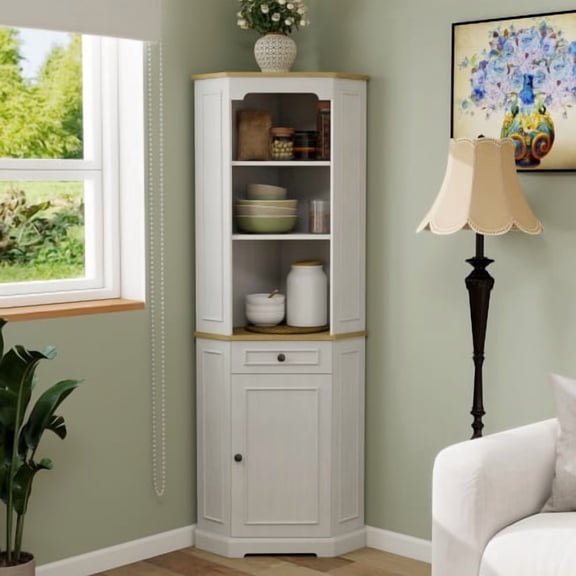 DRNANLIT 68" Tall Corner Cabinet with Door, Drawer & Adjustable Shelf, Antique White for Living Room
