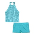 thumbnail image 5 of YEAHDOR Kids Girls Gymnastic Dance Outfit Halter Allover Sequins Tops with Gymnastics Workout Shorts Light Blue 6, 5 of 7