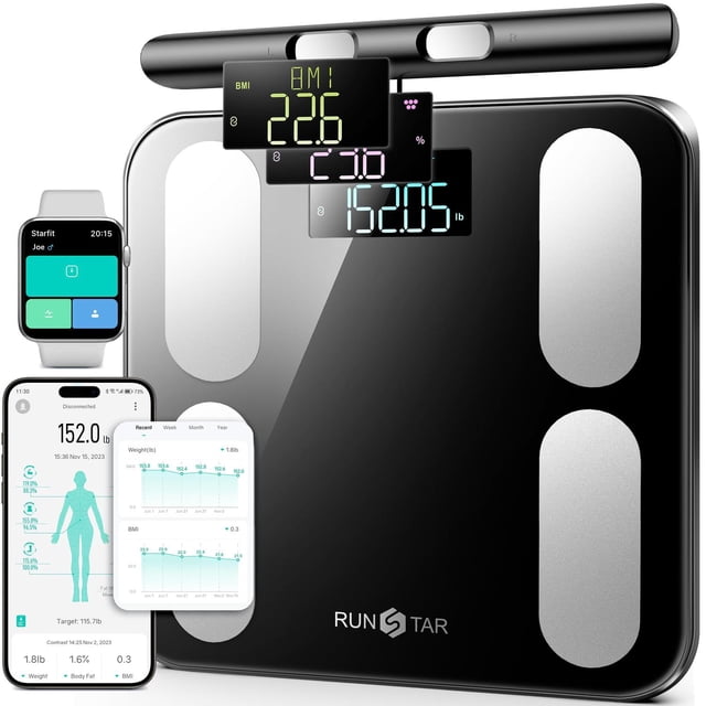 Runstar - Báscula para peso corporal y grasa, masa muscular IMC hasta 28 mediciones, báscula digital