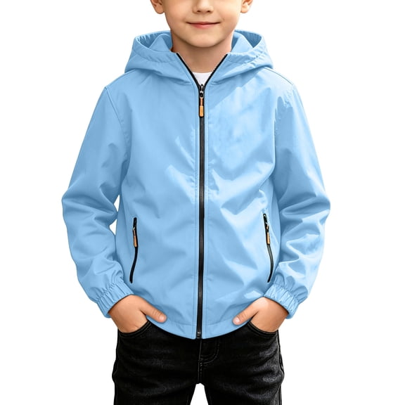 JZEJING Boys Raincoat Lightweight Long Sleeve Hooded Windproof Rain Jacket Solid Color Waterproof Windbreaker with Pocket Size 4-15