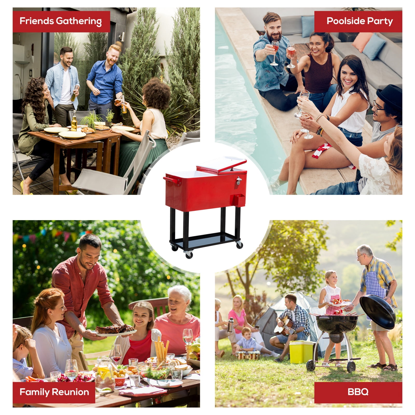 80 QT Rolling Cooling Bins Ice Chest on Wheels, Outdoor Stand-Up Drink Cooler Cart for Parties, Backyard, Poolside