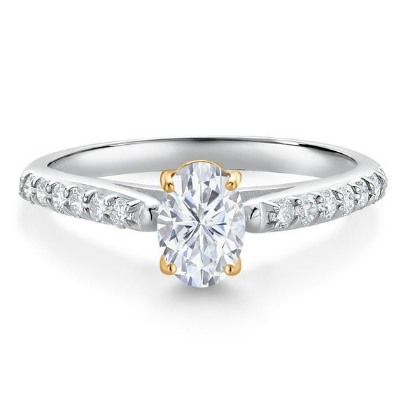 Gem Stone King 10K White and Yellow Gold White Moissanite from Charles & Colvard and White Lab Grown Diamond Engagement Ring for Women (1.08 Cttw, Oval 7X5MM, Gemstone Birthstone, Size 7)