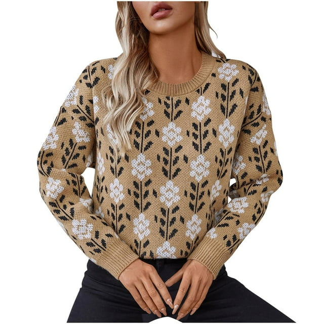 Penkiiy Chandail à Manches Longues pour Femmes, Col Rond, Imprimé Automne 2024, Mignon, Tricoté, Surdimensionné, TG, Kaki
