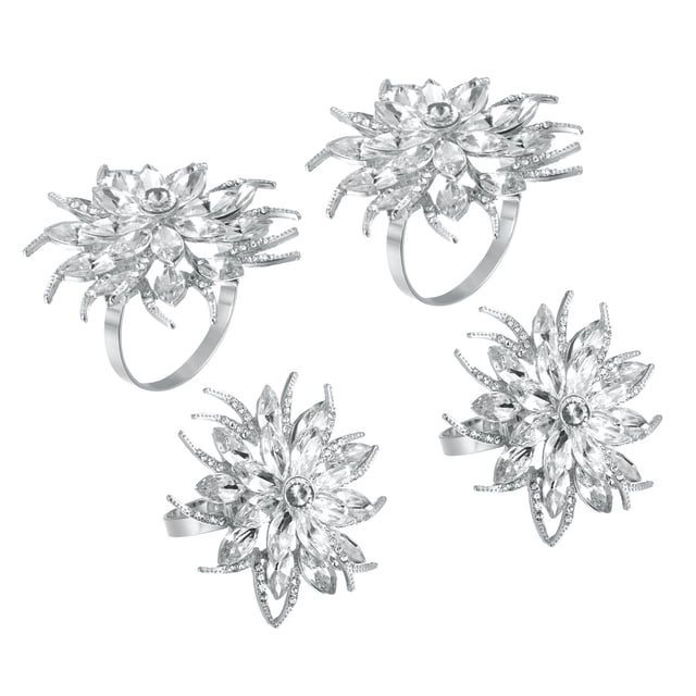 Anillos de Servilletas de Metal Unique Bargains 4uds Cristal Flor Tono Plateado