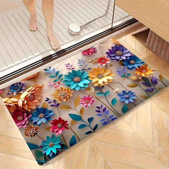 Bath Mat, 2D Vibrant Floral Print Floor Rug, Non-Slip Absorbent Quick-Dry Mat, Soft Polyester Washable Carpet for Bathroom, Entrance, Shower & Home Decor