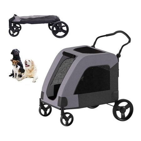 TABU Pet Stroller Foldable Wagon with Universal Wheel and Brakes for Small to Large Dogs Breathable Mesh Windows Easily Walk Up to 132lbs Grey