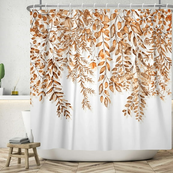 SUNOLIFE Brown Leaves Shower Curtain Fall Autumn Plants Waterproof Fabric Bathroom Curtain 72x72 in
