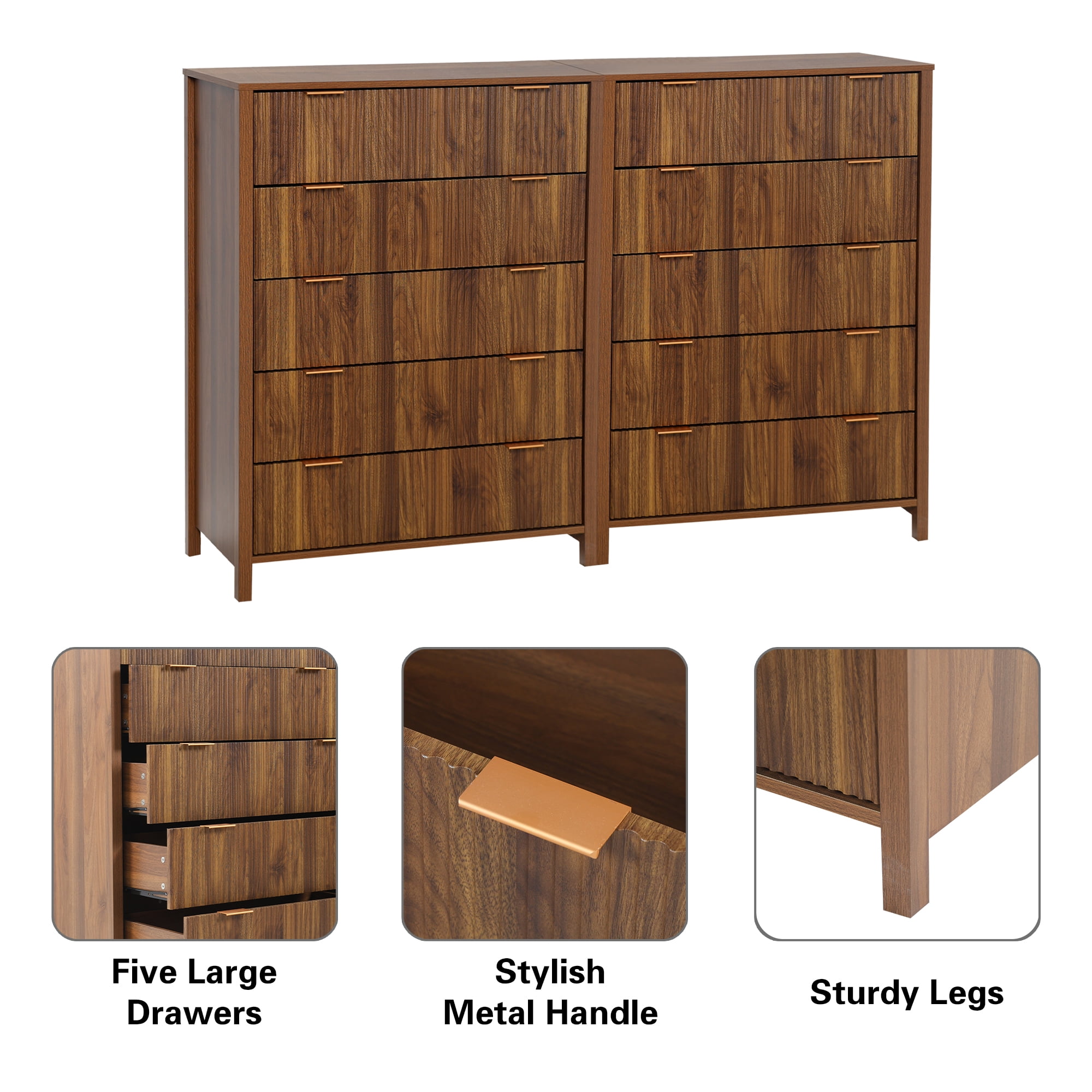 Weselon 5 Drawer Fluted Dresser for Bedroom, Modern Closet Chest of Drawers with Waveform Panel, Wood Storage Dresser Organizer, Walnut