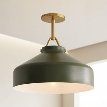 Industrial Round Olive Shade 16 Inch Semi Flush Mount with Brass Pole, Hand-polished Ceiling Light with Metal, Unique Elegant Ceiling Lamp, Close to Ceiling Light for Living Room, Dining Room