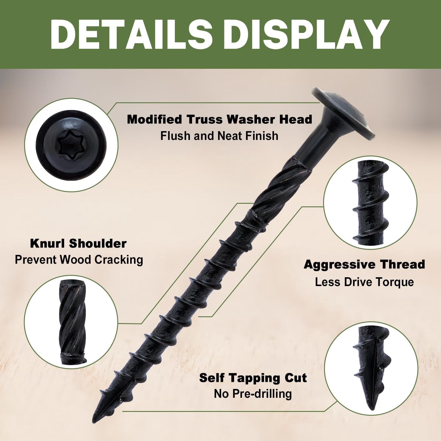 #14*4" Lag Screws, 55Pcs Black Epoxy Coated Exterior Structural Screws, Rust Resistant Wood Screws for Indoor and Outdoors, Bit Included
