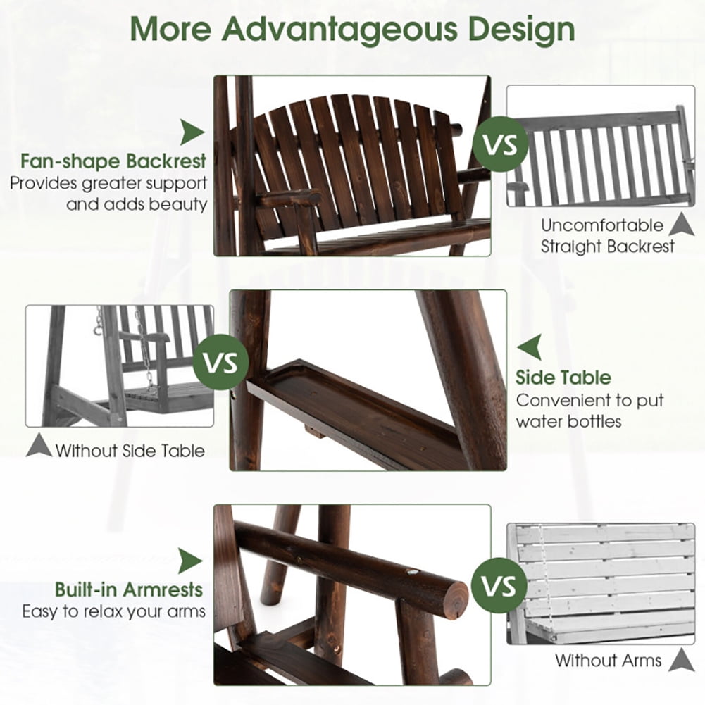 Aimee Lii 2-Person Outdoor Wooden Porch Swing with an Adjustable Canopy, Swing Chair Outdoor