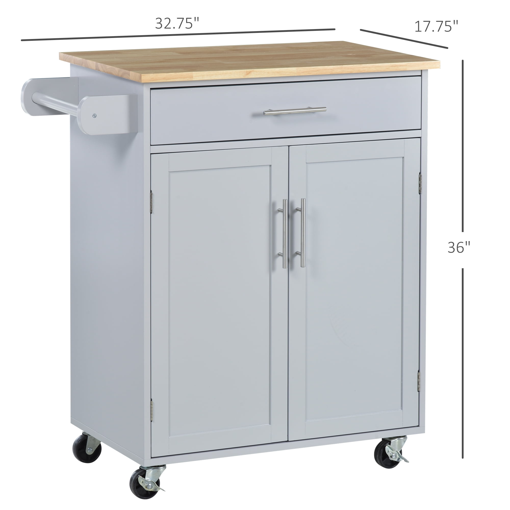 HOMCOM Kitchen Island Cart Rolling Trolley Cart with Drawer, Storage Cabinet & Towel Rack, Gray