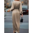 thumbnail image 6 of Womens Long Sleeve V-Neck Tie Waist Split Formal Cocktail Wedding Guest Dresses Champagne Color XL, 6 of 9