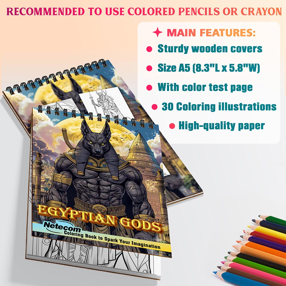 Netecom Egyptian Gods Coloring Book for Adults, A5 Wooden Cover, Spiral Bound, 30 Stunning Illustrations of Ancient Mythology for Stress Relief and Relaxation