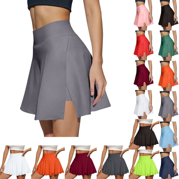 Womens Tennis Skirt High Waisted Tummy Control Mini Athletic Skorts with Pockets Casual Flowy Side Slit Golf Skirts Gray XL
