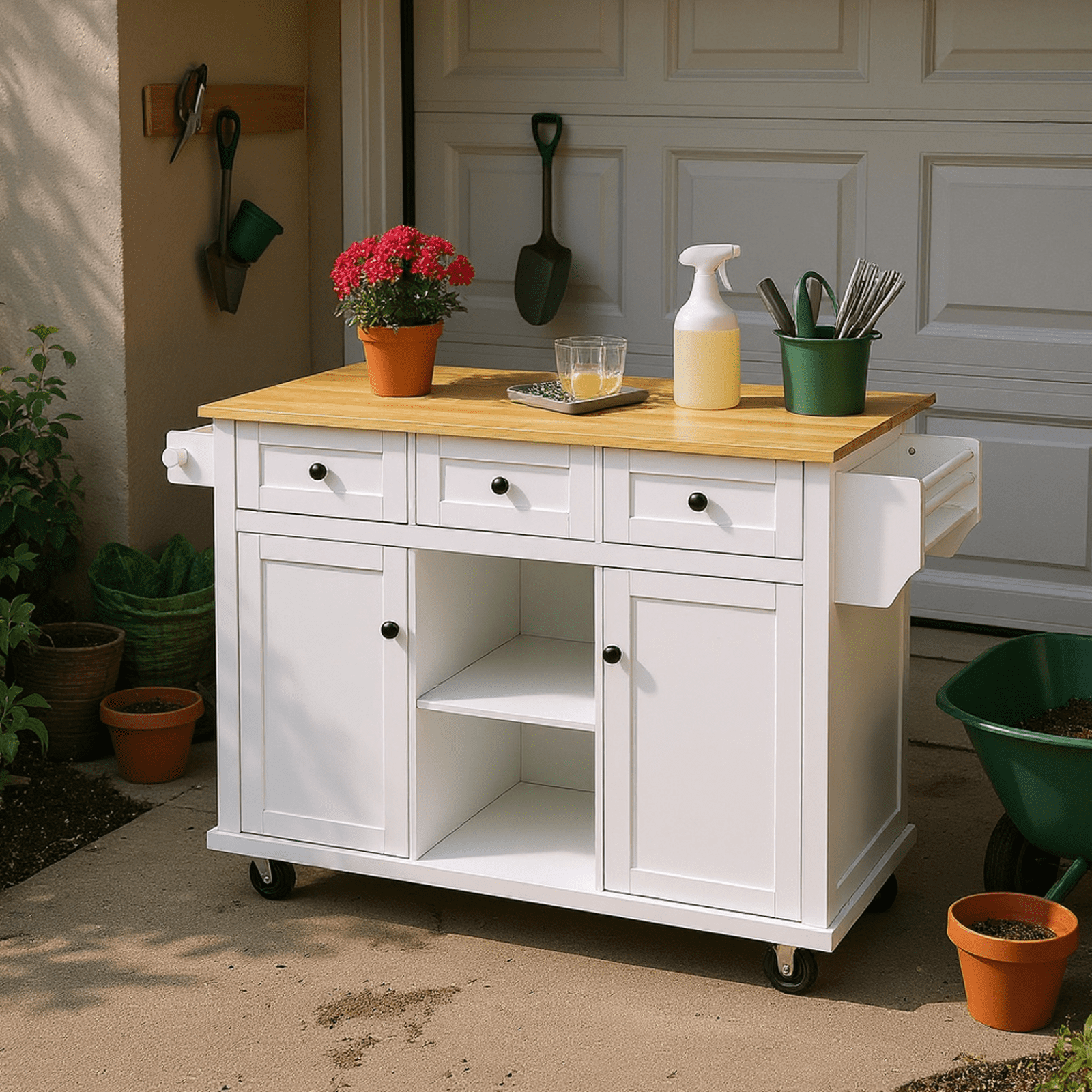 Homy Casa Rolling Garage Storage Cabinet with Drop-Leaf Worktop, Adjustable Shelves,White