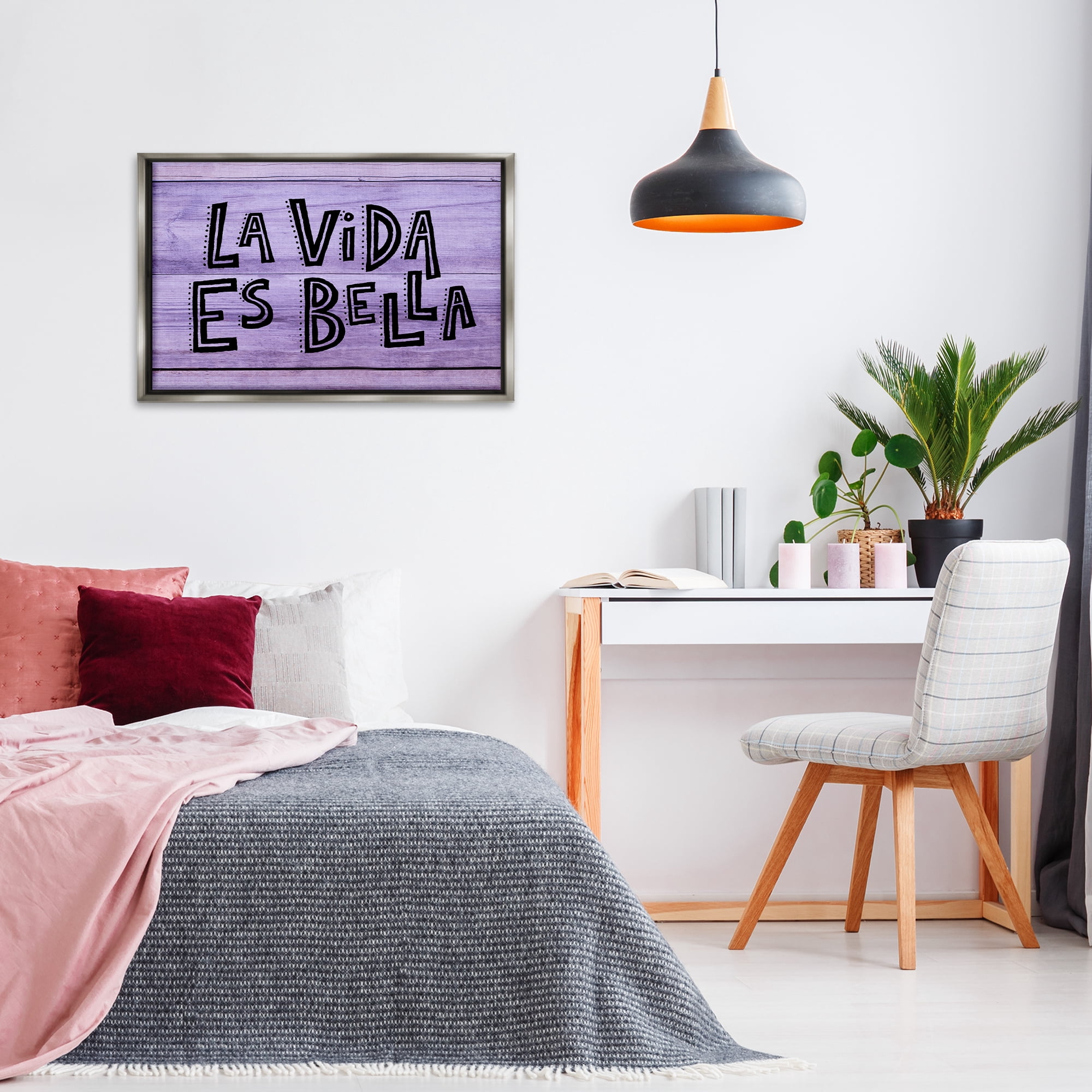Stupell Industries La Vida es Bella Púrpura Inspirational Quotes & Sayings Painting Gray Floater Framed Art Print Wall Art, 31 x 21