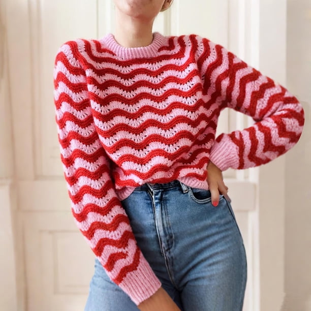 Suéter de cuello redondo para mujer, informal, de moda, con cuello redondo, rayas onduladas, manga larga, tejido, top acrílico para mujer