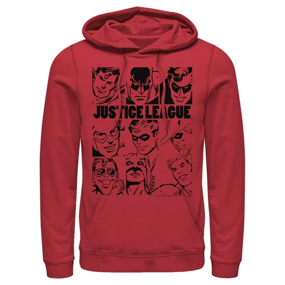 Men's Justice League Vintage Hero Panels Pull Over Hoodie Red X Large