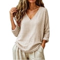 thumbnail image 5 of QQZ Womens 3/4 Sleeve Shirts V Neck Checkered Pattern Roll Up Sleeve Tops Cotton Casual Summer Blouses Shirts, 5 of 8