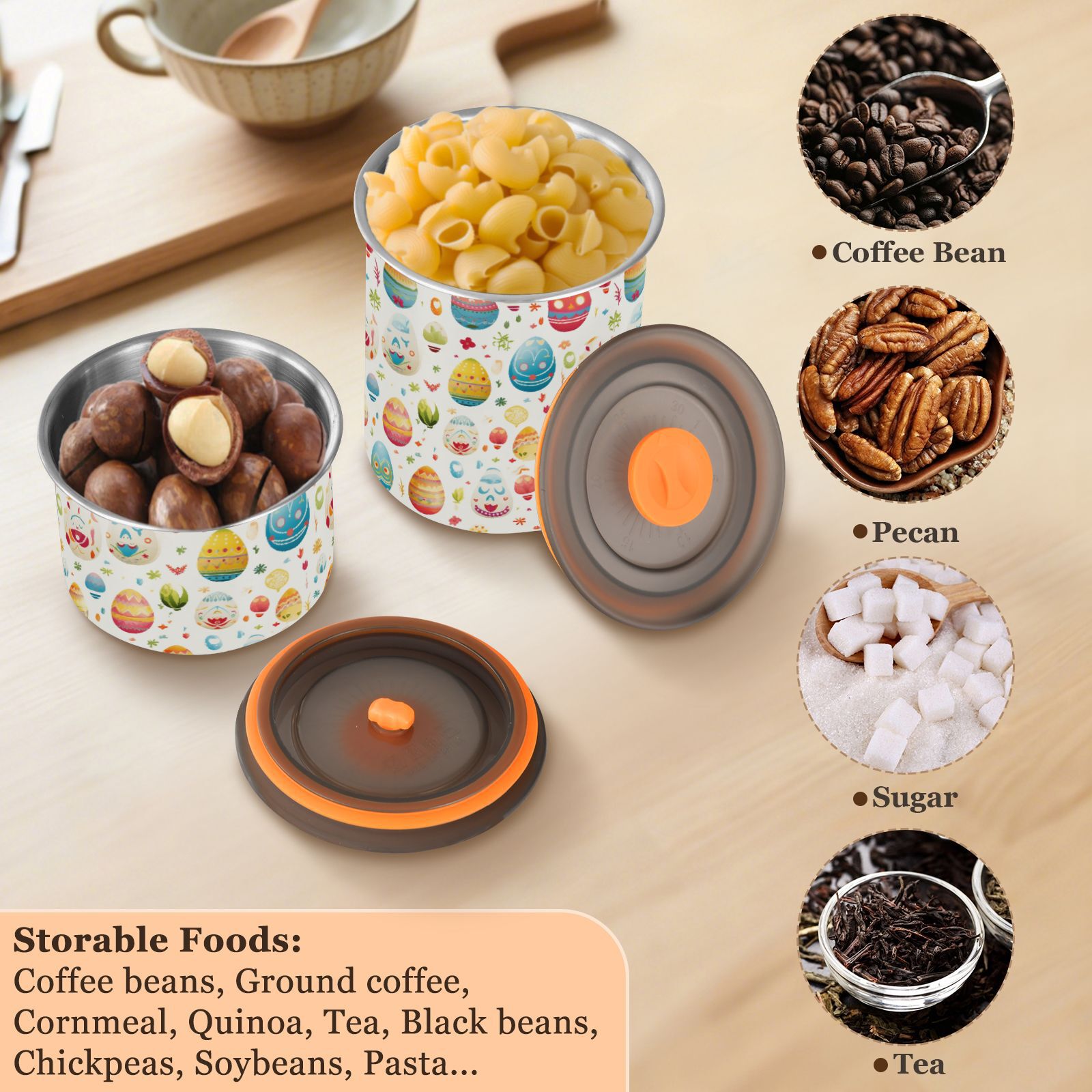 Easter Eggs & Flower Airtight Coffee Bean Canister 30oz Food Storage Containers with Lids For Gournd, Tea, Sugar, Flour, Rice, Cereal, Candy Cookie Jar