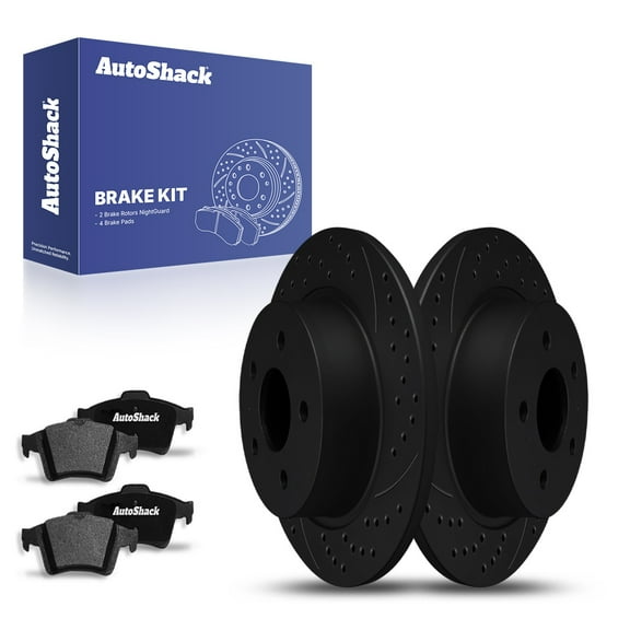 AutoShack 11.02" (280 mm) Rear Solid Drilled & Slotted Brake Rotors E-Coated   Ceramic Brake Pads | Replacement for 2013-2016 Ford Escape | Black Finish | 6-PC Brake Kit | NightGuard