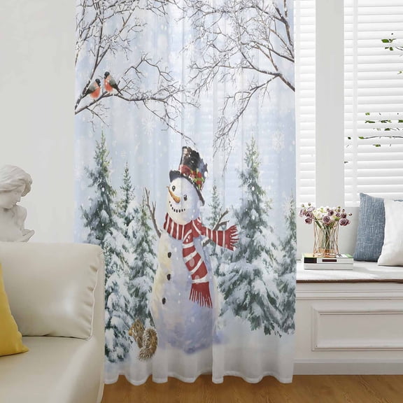 Snowman Christmas Semi Sheer Curtains Drapes for Living Room,Bedroom,French Doors Window 96 Inches Long,Xmas Tree Branches Snowflake Birds Winter Rod Pocket Chiffon Curtain Voile Drapery Panel