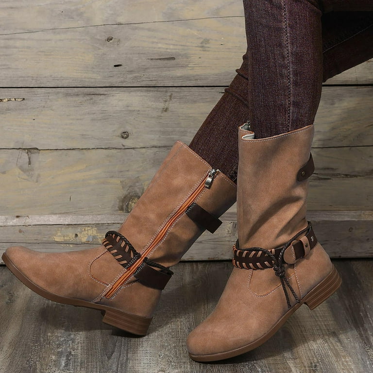 Boots for Women Clearance Deals Verugu Western Cowboy Low Heel Comfort Bootie Combat Boots for Women Women Shoes Retro Western Boots Casual Warm Low