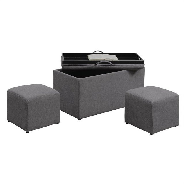 Pemberly Row Banc de Rangement avec Deux Ottomans en Tissu Gris