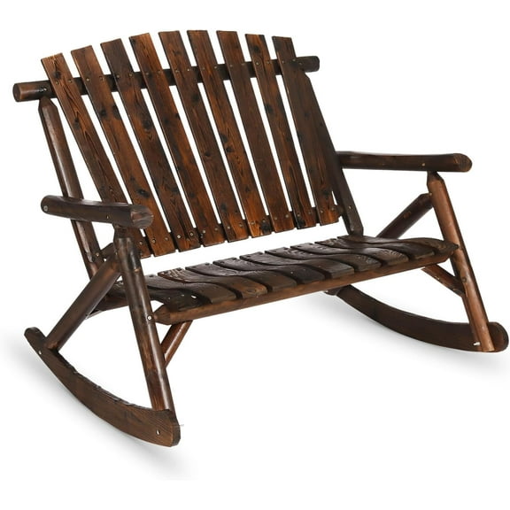 HOMEDIARY Outdoor Wood Rocking Bench, 2-Person Rustic Adirondack Log Rocker with Slatted Seat, High Backrest/Armrests, Double Wooden Patio Porch Rocking Loveseat for Garden Backyard Porch, Carbonized