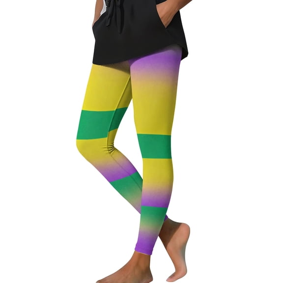 Lorytime Women's Leggings Mardi Gras Stripe Carnival Trousers Stretchy Butt Lifting Hoilday Tights Pants Sports Outwear